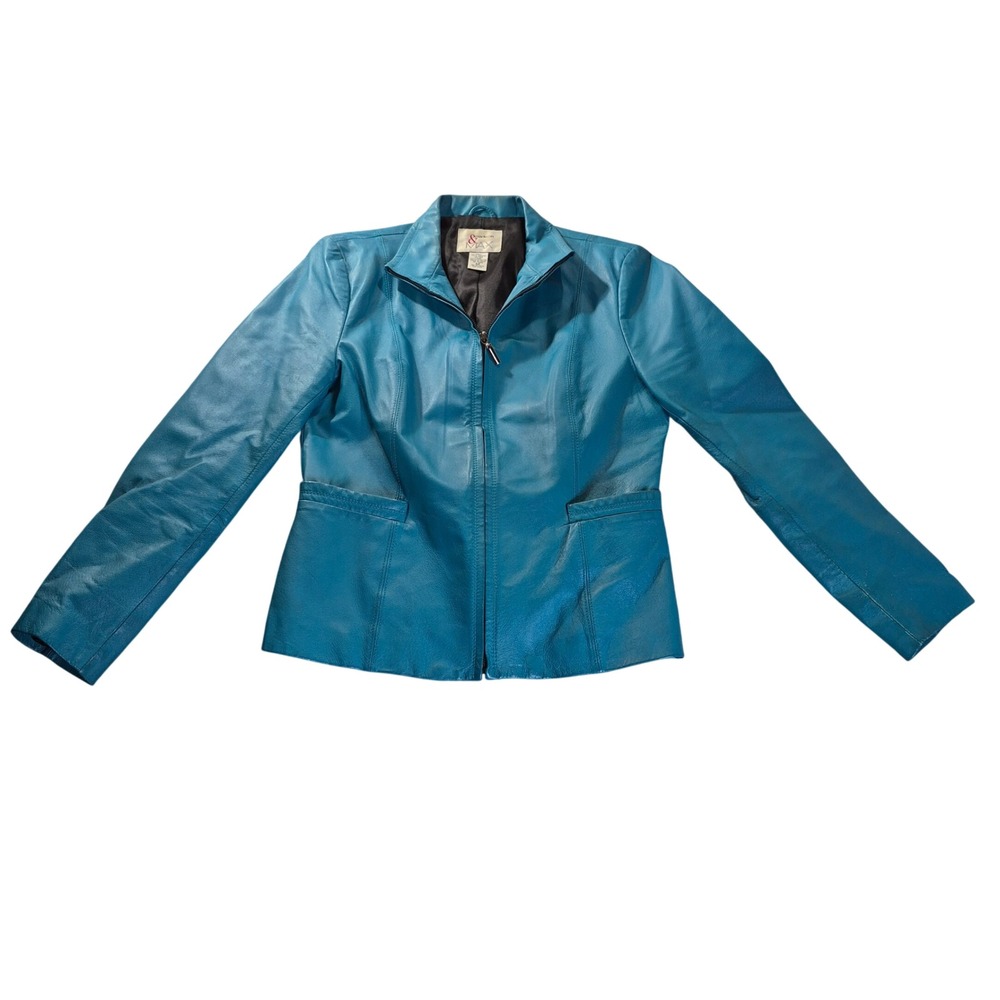 Madison & Max Leather Jacket Womens Medium Teal Blue Moto Y2K Retro Streetwear